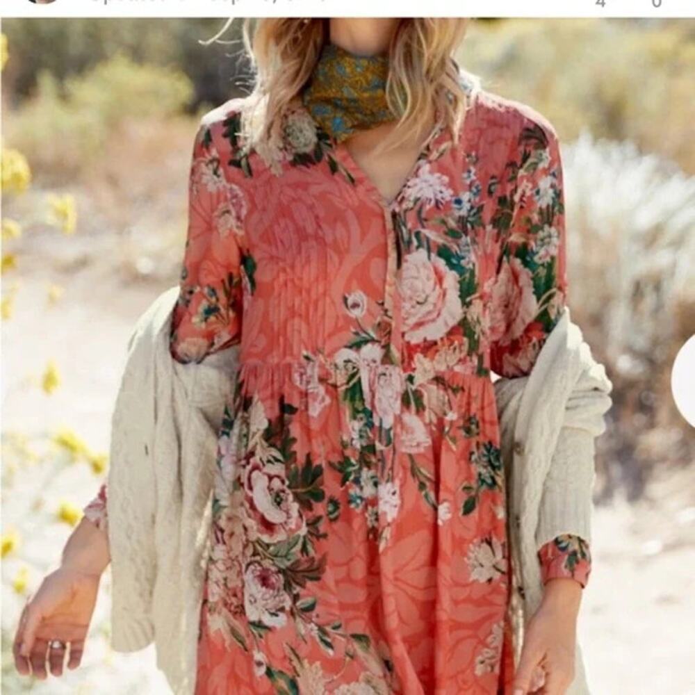 PERUVIAN CONNECTION Tularosa Chemise Tunic Dress Boho Pink Floral Size XS